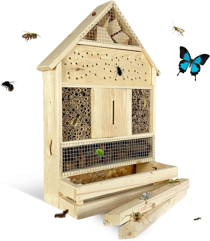 GARTENETAGE Stehendes Insektenhotel XXL mit Pflanzenoase/Naturbelassenes, massives Insektenhaus Gros