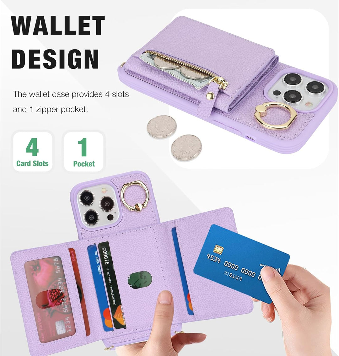 ELTEKER Handyhülle für iPhone 15 Pro Max Hülle mit Band Kartenfach Ringhalterung Geldbörse,Leder Kla