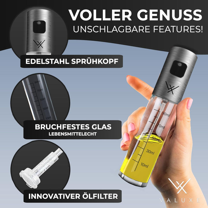 VALUXE® Ölsprüher - Das ORIGINAL - Extrem präzise Öl-Sprühflasche aus Edelstahl und Glas - Multifunk