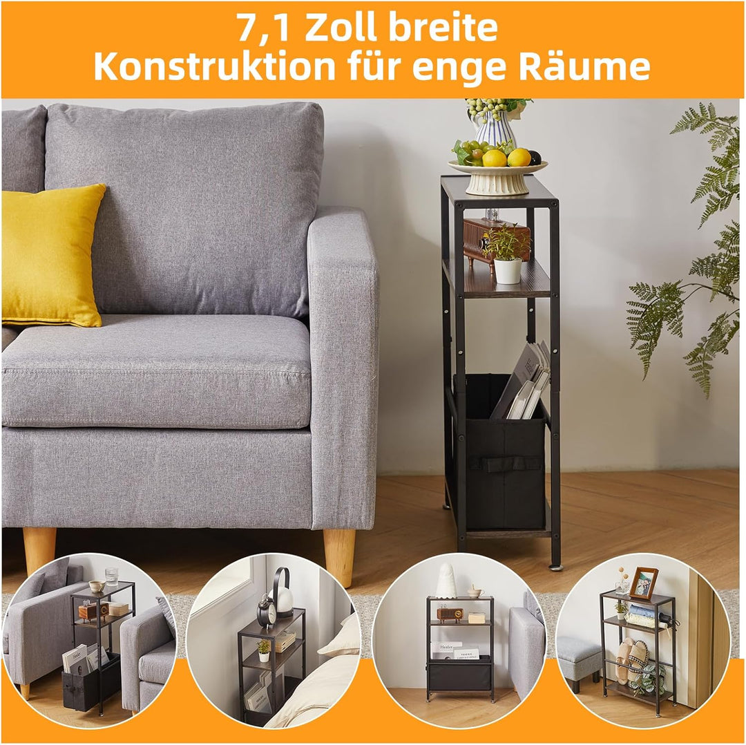 Beistelltisch mit Stauraum, 3-stufiger schmaler Couchtisch mit Stoffkorb, schmaler Nachttisch, Klein