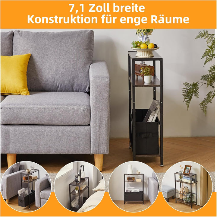 Beistelltisch mit Stauraum, 3-stufiger schmaler Couchtisch mit Stoffkorb, schmaler Nachttisch, Klein