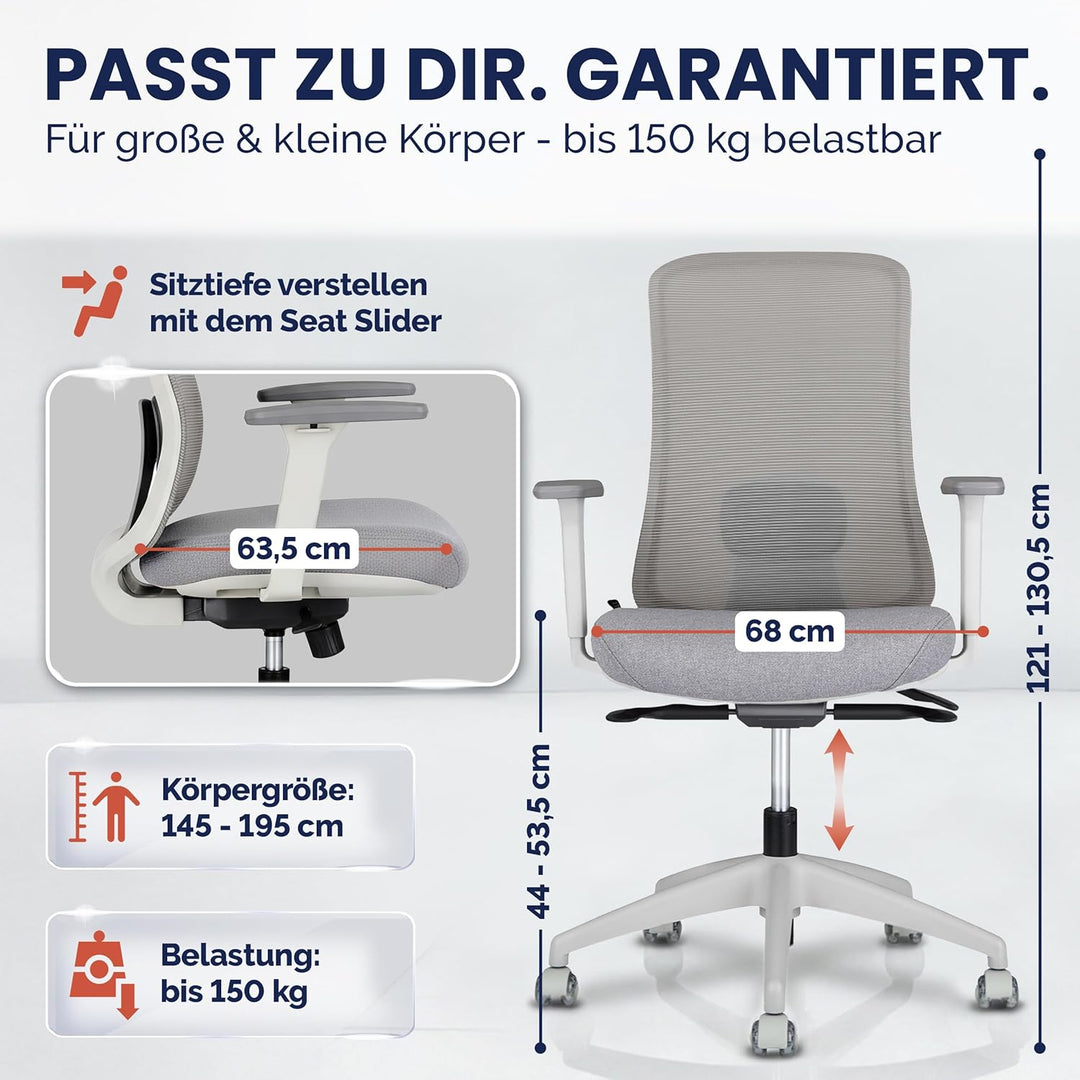 SCHEKKA Ergonomischer Bürostuhl [verstellbare Lordosenstütze] 3D-Armlehnen | Atmungsaktives Mesh | E