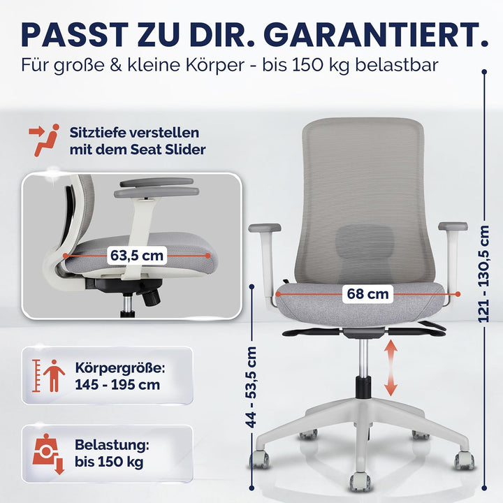 SCHEKKA Ergonomischer Bürostuhl [verstellbare Lordosenstütze] 3D-Armlehnen | Atmungsaktives Mesh | E