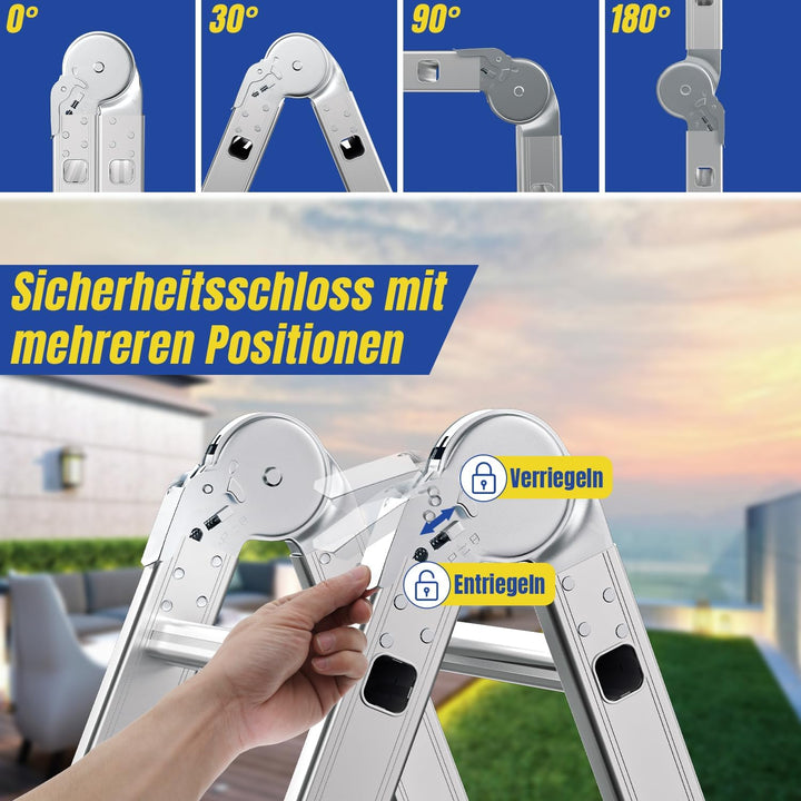 4x3 Mehrzweckleiter 360cm 7 in 1 Alu Leiter mit 2 plattform und 2 Transport Rollen bis 150 kg，Vielzw