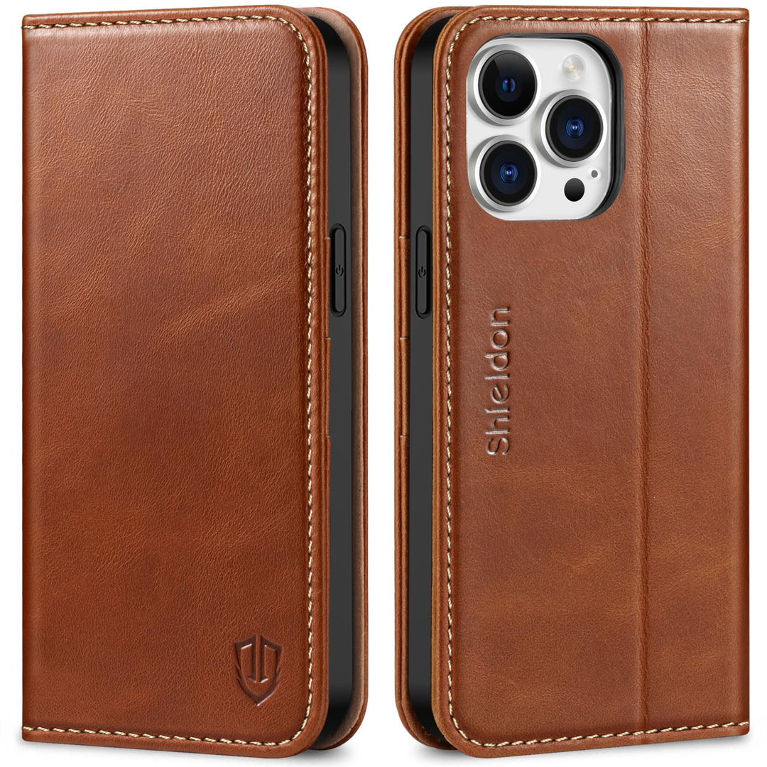 SHIELDON Hülle für iPhone 14 Pro Max Handyhülle [Erstklassig Echtleder] [Kartenfach] [Magnet] [Stand