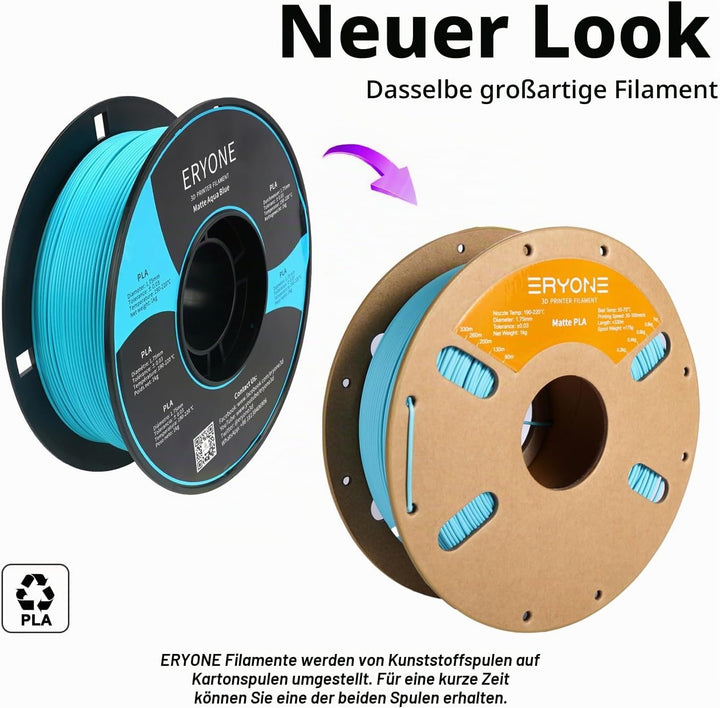ERYONE Matte PLA 3D Drucker Filament 1.75mm, Massgenauigkeit +/- 0.03 mm, 1 kg 1 Spule, Matte Aqua B