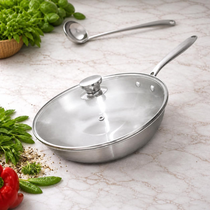 ⌀30 cm Wok Pfanne aus Edelstahl, unbeschichtet & langlebig, 3-lagiges Material für optimale Wärmever
