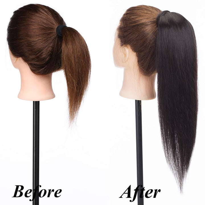 SEGO Ponytail Extension Echthaar Pferdeschwanz Haarteil Haarverlängerung Zopf Glatt Naturschwarz #1B