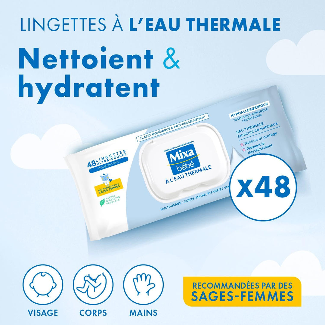 Mixa Babytücher mit Thermalwasser, 4 x 48 Tücher: hypoallergen, reinigt sanft Reinigungstücher mit T