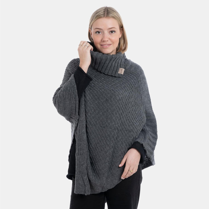KNIT FACTORY - Nicky Gestrickter Poncho - Damen Strickponcho mit Kragen - Mit Wolle - Hochwertige Qu