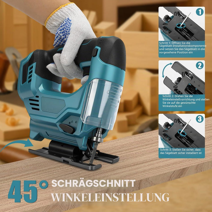 Stichsäge Kompatibel mit Makita 18V Akkus, Bürstenlose Pendelhub Stichsäge, 26 mm Hubhöhe 45° Schräg