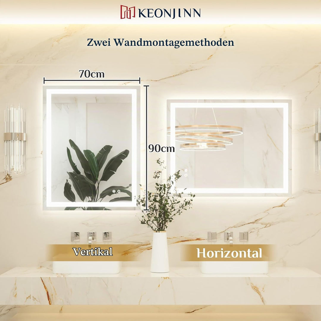 Keonjinn Badspiegel mit Beleuchtung 70x90cm, Badezimmerspiegel Beleuchtet Beschlagfrei Led Bad Spieg