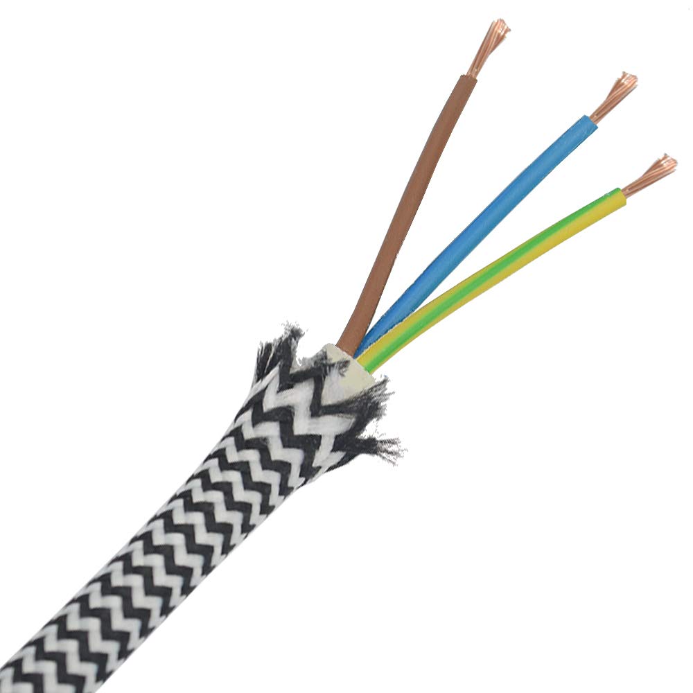 10m Stoffkabel Schwarz Weiss gezackt 3G 0,75qmm Textilkabel Lampenkabel Leuchtenkabel Kabel Stromkab