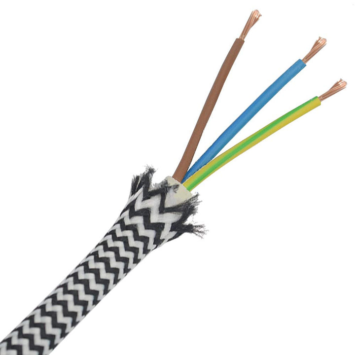 10m Stoffkabel Schwarz Weiss gezackt 3G 0,75qmm Textilkabel Lampenkabel Leuchtenkabel Kabel Stromkab