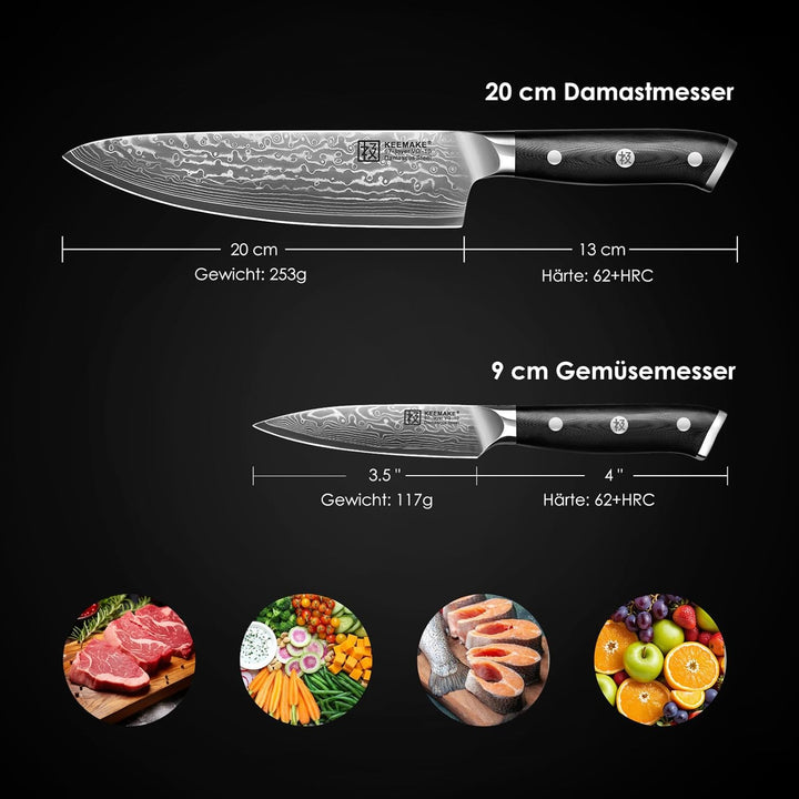 KEEMAKE Küchenmesser Set - Damastmesser Set 2-teilig aus 67 Lagen Damaststahl mit Ergonomischer G10