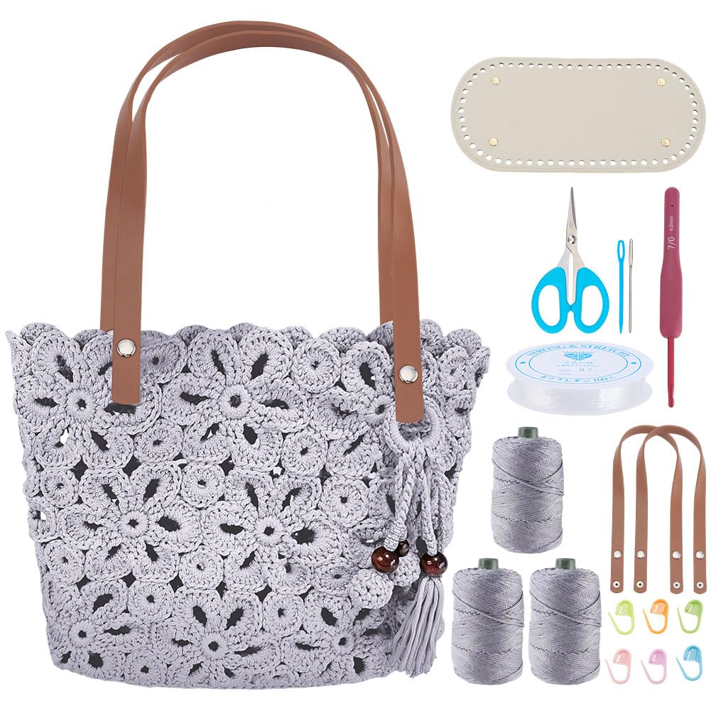 ORIGACH DIY Häkel Handtaschen Set Häkel Einkaufstasche Mit Ausgehöhlter Blume Basis Aus PU Leder Per