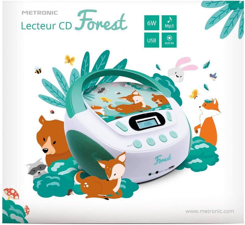 Metronic 477147 CD-MP3-Player Forest Kinder mit USB-Port und Audio-Eingang, Kopfhörerausgang, grün,