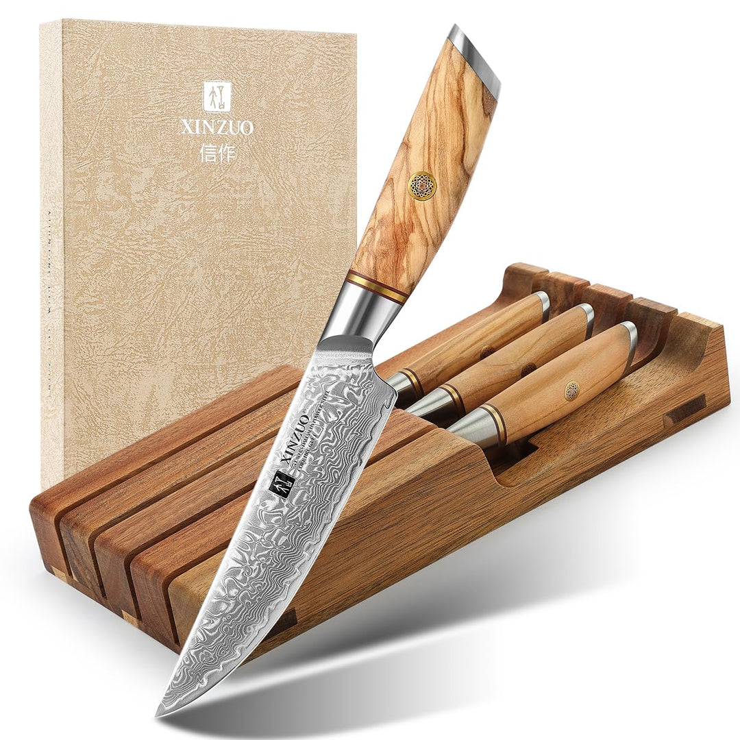 XINZUO Damaststahl Steakmesser Set 5er -73 Schichten Damastpulverstahl Steakbesteck mit Akazienholz