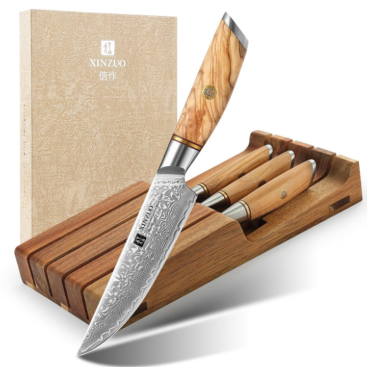 XINZUO Damaststahl Steakmesser Set 5er -73 Schichten Damastpulverstahl Steakbesteck mit Akazienholz