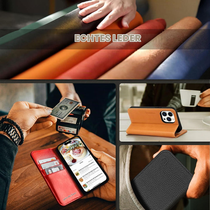 SHIELDON Hülle für iPhone 14 Pro Max Handyhülle [Erstklassig Echtleder] [Kartenfach] [Magnet] [Stand