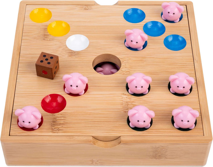 Engelhart Schweinchen Spiel Würfelspiel mit grossen 2 cm Silikon-Schweinchen – Ferkelspiel in Holzbo