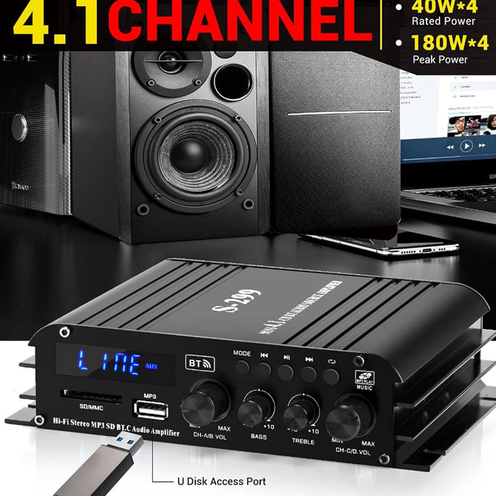 4-Kanal Verstärker, 1600W Audio Leistungsverstärker Bluetooth 5.0, 40Wx4 mit USB/Mikrofon/FM mit Fer