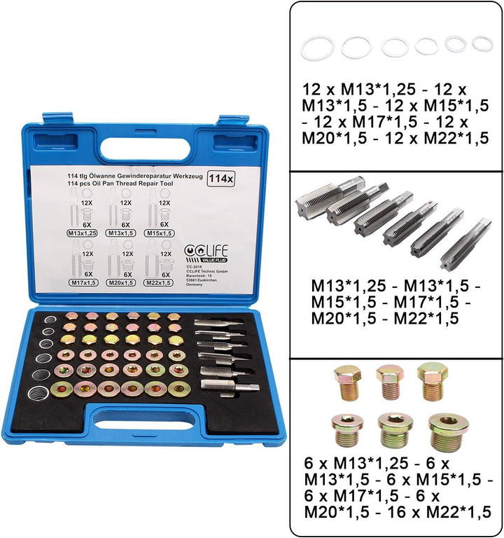 CCLIFE 114tlg Ölwanne Gewindereparatur Ölblassschraube Reparatursatz M13 x 1,25 | M13 M15 M17 M20 M2