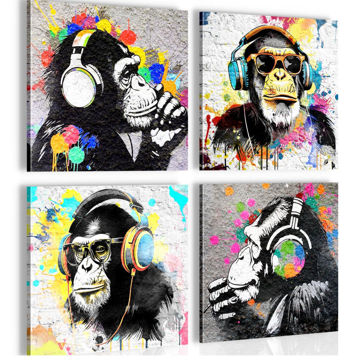 Novart Bilder Set Banksy Collage - KOMPLETT AUFHÄNGFERTIG - Grau Bunt Wohnzimmer Schlafzimmer Loft -