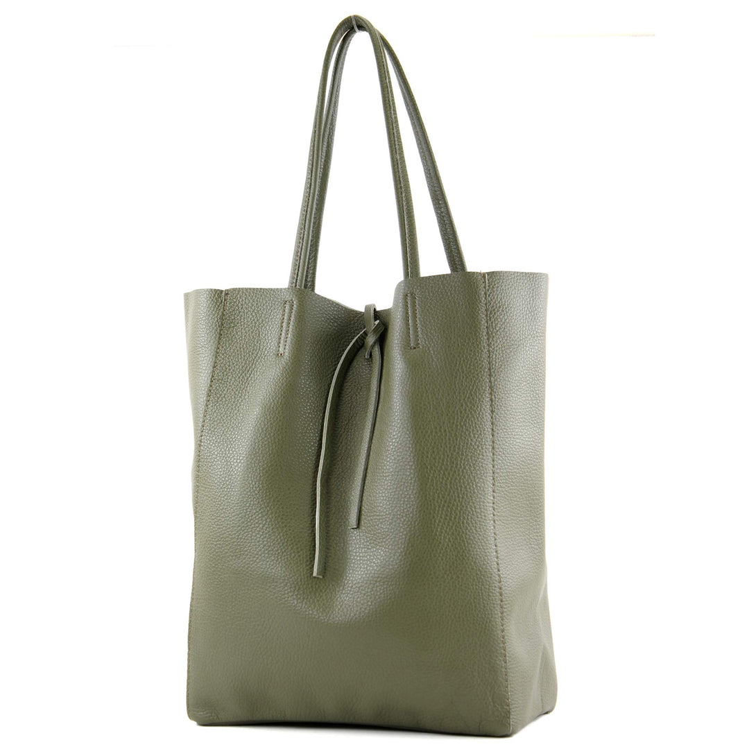 modamoda de - T163 - Ital. Shopper Large mit Innentasche aus Leder Olivgrün, Olivgrün