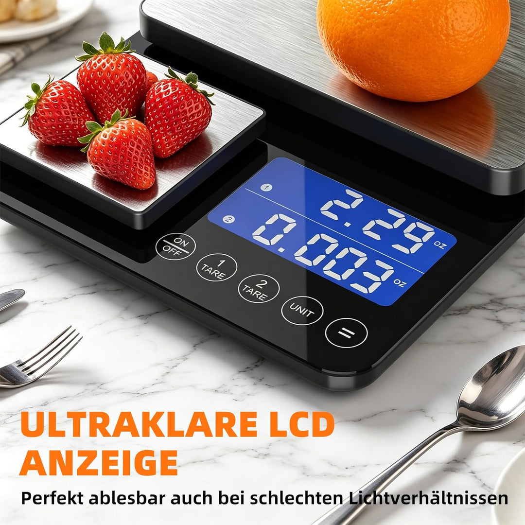 Digitale Küchenwaage mit 2 Plattformen | 15kg/1g & 500g/0.01g Präzisionswaage | 7 Mess-Einheiten, Au