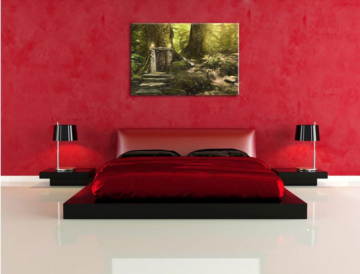 Pixxprint Geheimes Tor im Wald / 100x70cm Leinwandbild bespannt auf Holzrahmen/Wandbild Kunstdruck D