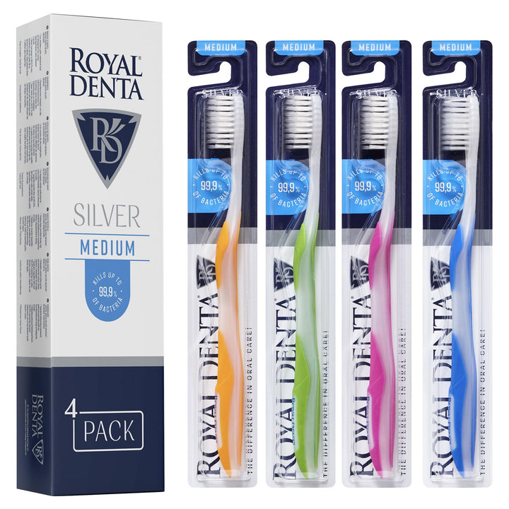 Royal Denta Silver Medium Zahnbürsten 4er-Pack - Doppellänge Borsten für Interdentalreinigung, Silbe