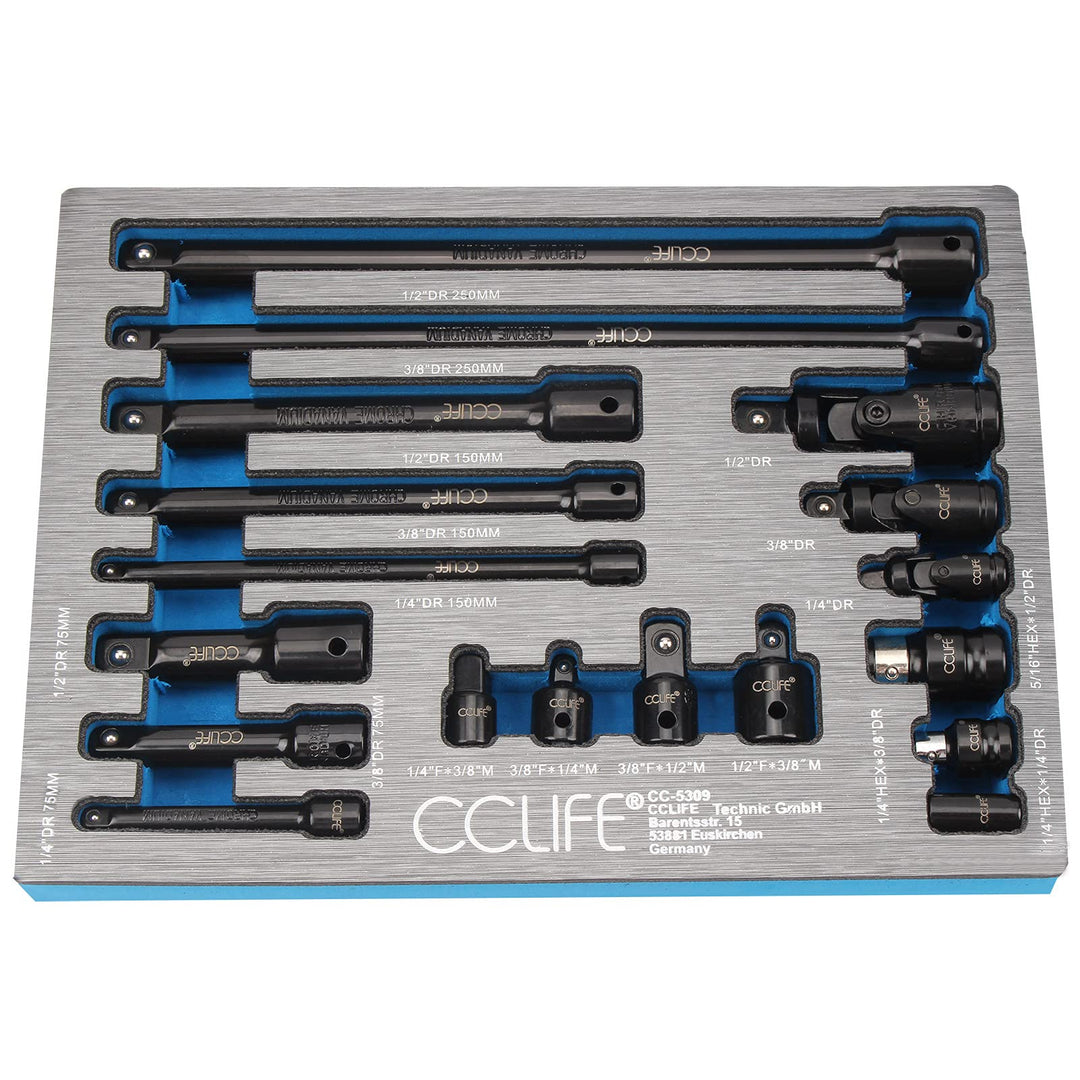 CCLIFE 18tlg Steckschlüssel Verlängerung Satz 1/4' 3/8' 1/2' Ratsche Knarre Verbindungsteile inkl. S