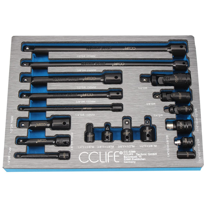 CCLIFE 18tlg Steckschlüssel Verlängerung Satz 1/4' 3/8' 1/2' Ratsche Knarre Verbindungsteile inkl. S