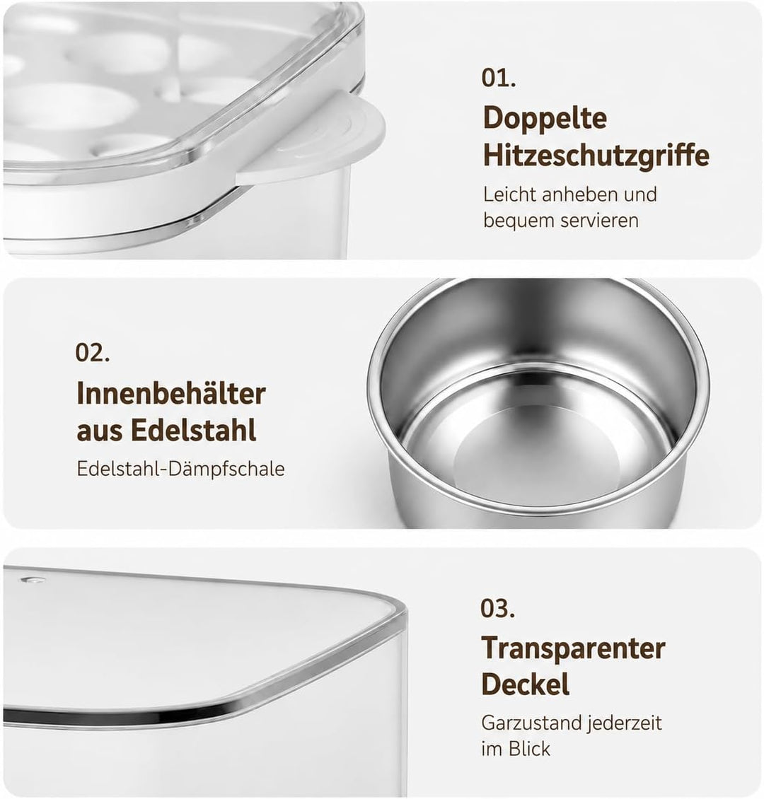 Eierkocher für 12 Eier, Multifunktions-Dampfgarer 2,5L mit 16 Programmen, 300W Eier Kocher mit Edels