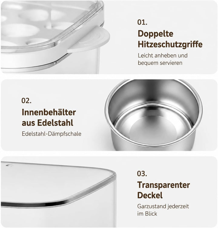 Eierkocher für 12 Eier, Multifunktions-Dampfgarer 2,5L mit 16 Programmen, 300W Eier Kocher mit Edels