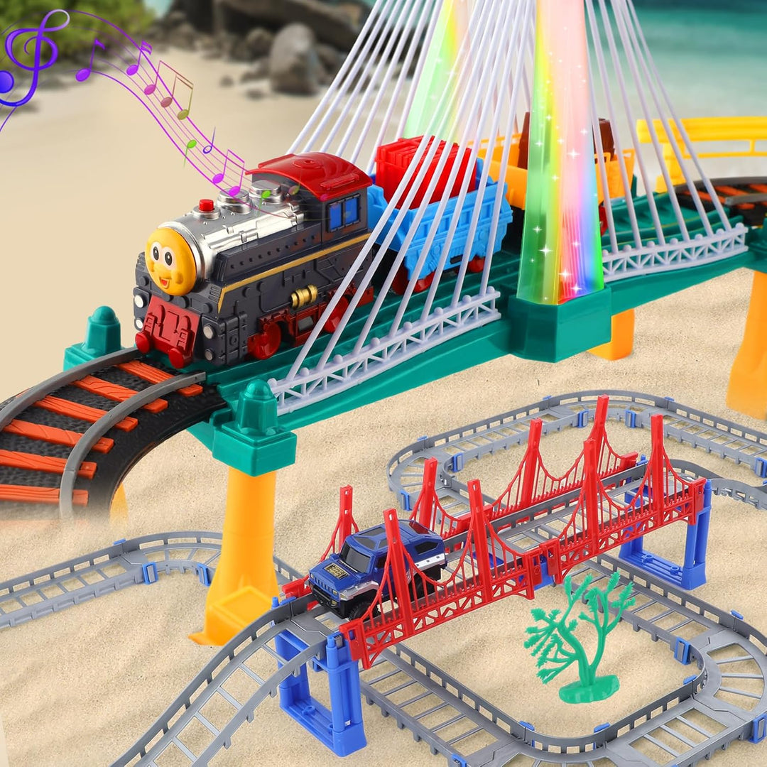 Kinder Eisenbahnschiene Zug Spielzeug Set, Autorennbahn Spielzeug mit Zug&Autobahnautos, für Kinder