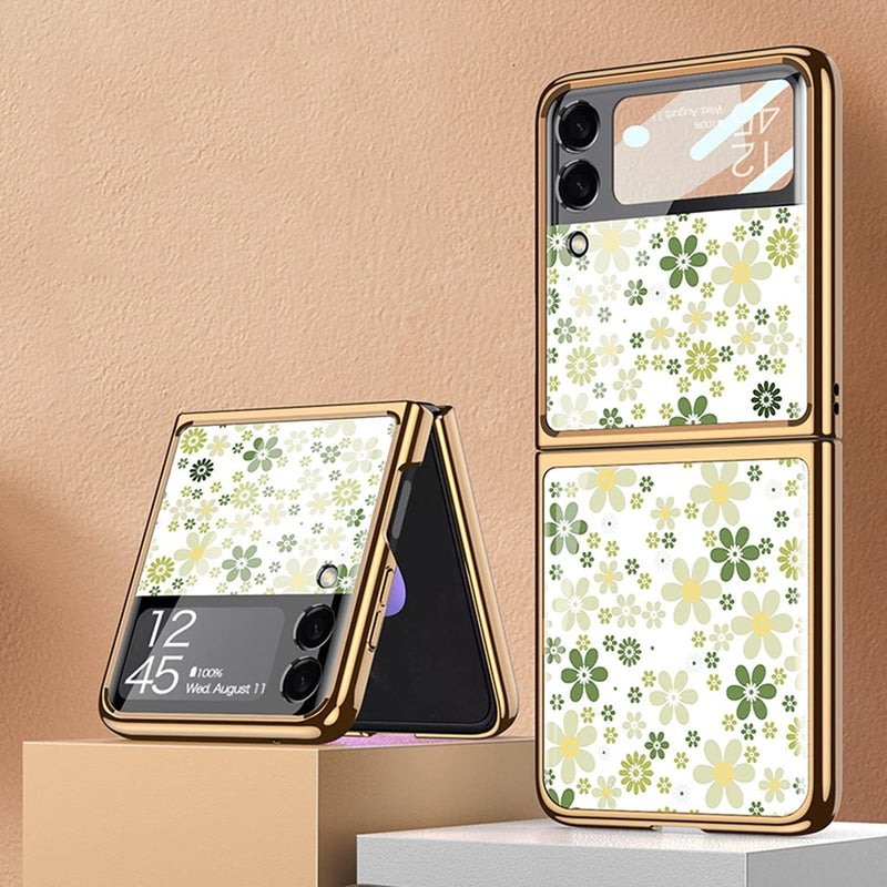 COQUE Galaxy Z Flip 3 5G Hülle,9H gehärtetes Glas Glänzend farbige Blumen Handyhülle, klappbare Hand