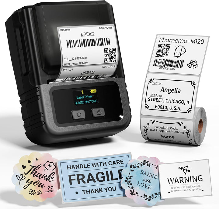 Phomemo M120 Etikettendrucker Bluetooth, Mini Labeldrucker Sticker Drucker Etikettiergerät für Barco