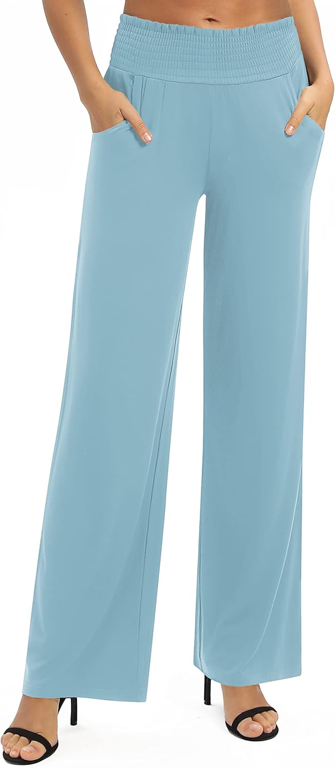 EXCHIC Damen Einfarbig Lose Gerade Geschnitten Palazzo Hose Hohe Taille Dehnbar Lounge Hose mit Tasc