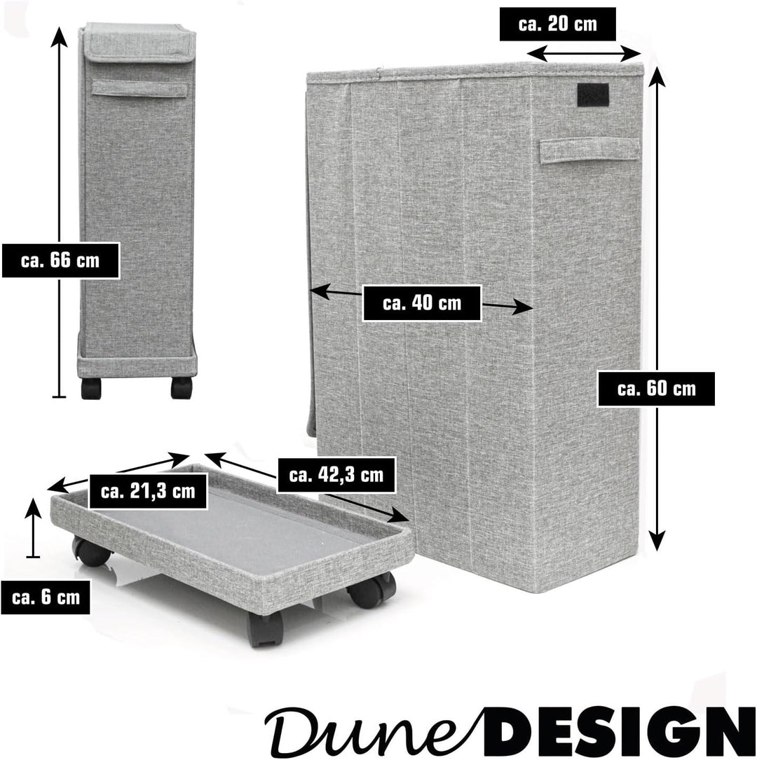 DuneDesign 20 cm Schmaler Wäschekorb mit Rollen - 50L Stabiler Holzrahmen - 20x40x60 Wäschesammler S