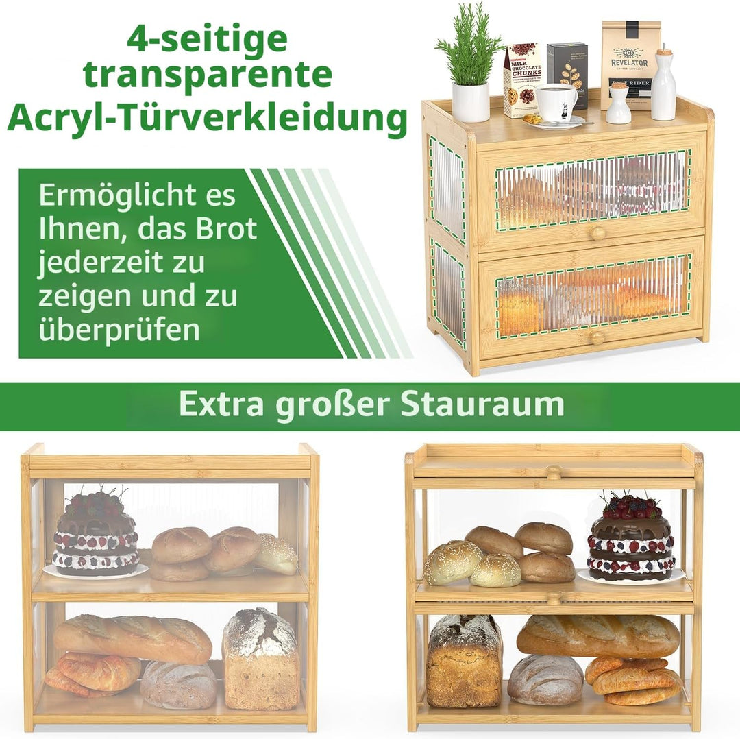 BAMBANG Extragross Bambus Brotkasten für Küchentheke, 2 Stufe Bauernhaus Brotbox, Holz Brotkasten Br