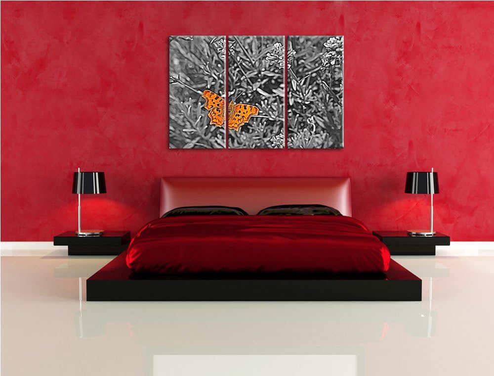 schöner Schmetterling auf Blumenwiese schwarz/weiss Spezial 3-Teiler Leinwandbild 120x80 Bild auf Le
