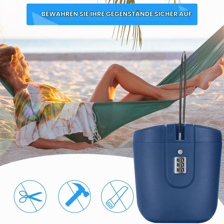 Strandtresor mit Zahlen-Schloss &amp; Anti-Diebstahl - Tragbare Sicherheitsbox für Strand, Camping, Reis