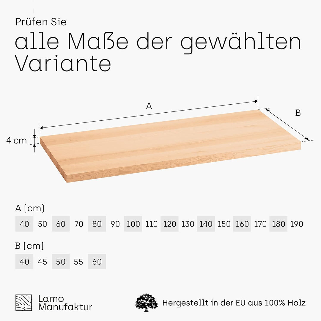 LAMO Manufaktur Waschtisch Konsolentischplatte, Holzplatte Waschtisch Konsolentisch, 100x40 cm (AxB)