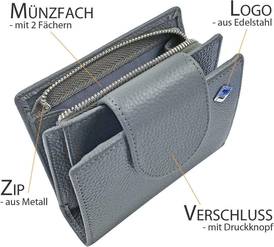 RFID Geldbörse Damen Leder, grau - RFID Blocker, Münzfach | Portemonnaie klein, Portmonee, Geldbeute
