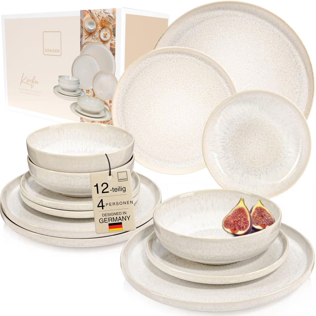 SÄNGER | Geschirrset Korfu 12 tlg, Tafelservice 4 Personen, Steingut Geschirr Handmade, Teller Set i