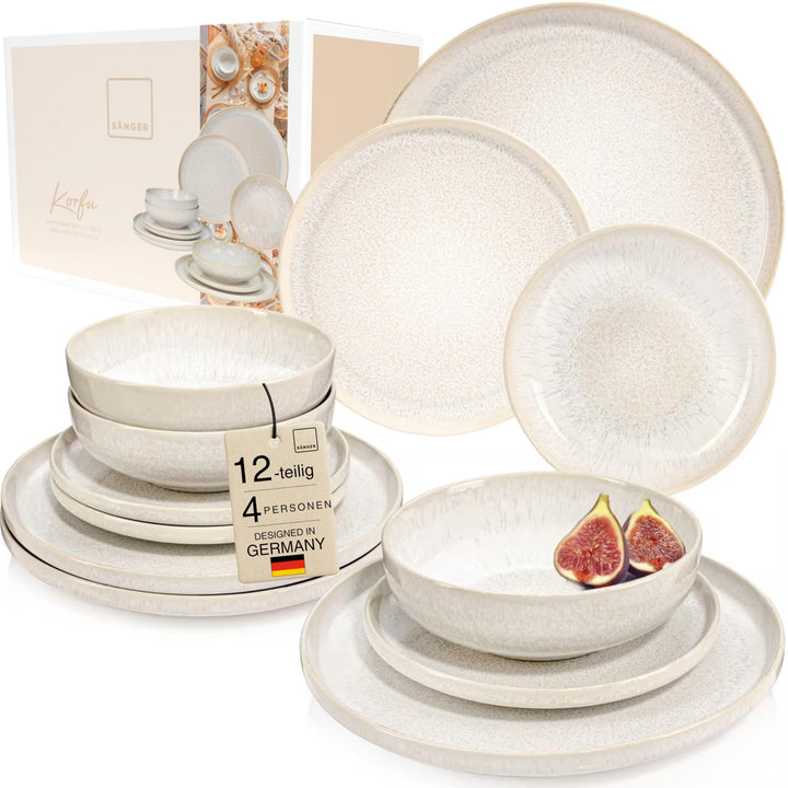 SÄNGER | Geschirrset Korfu 12 tlg, Tafelservice 4 Personen, Steingut Geschirr Handmade, Teller Set i