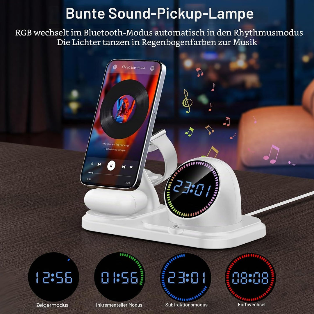 Ladestation Apple Watch und iPhone,6 in 1 Wireless Charger mit Bluetooth, Uhr, RGB LED, induktive la
