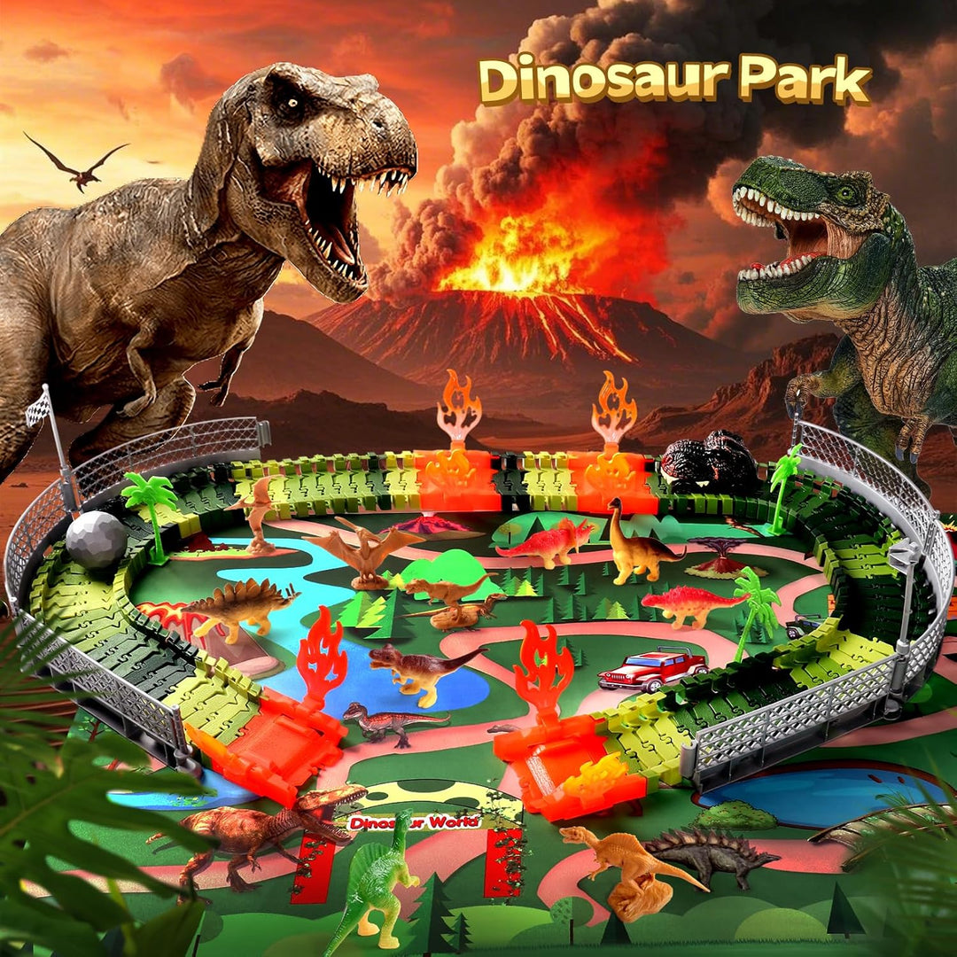 Dinosaurier Spielzeug Autorennbahn ab 3 Jahre Junge Rennbahn mit 8 Mini Dinosaurier Figuren 1 Auto D